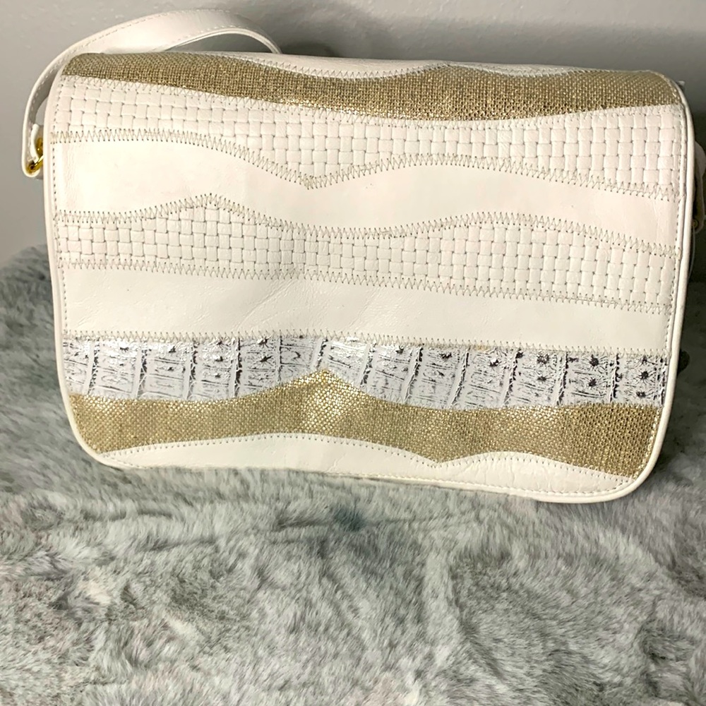 6 pocket white genuine leather shoulder/crossbody bag